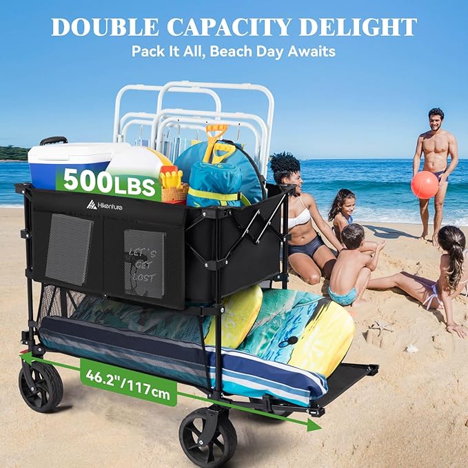 Hikenture Double Decker Wagon, 400L Extra Large Beach Wagon with Big Wheels for Sand, 500LBS Heavy Duty Collapsible Cart with Tailgate, Utility Carts Foldable for Beach, Sports