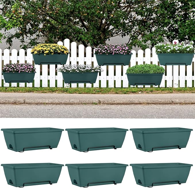 HAITRAL Railing Planter Boxes (16.9 Inch, 6 Pack) Green Plastic Deck Rail Planters for Outdoor Plants, Hanging Window Boxes with Drainage Tray for Over Rail Porch Fence,Balcony & Home Decor