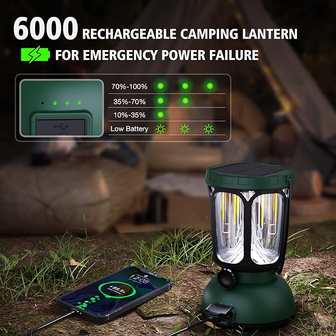 Raynic 6000 LED Camping Lantern, 650LM Hand Crank Solar Battery Powered Rechargeable Lantern, Emergency Lights for Home Power Failure, Hurricane, USB Cable Included
