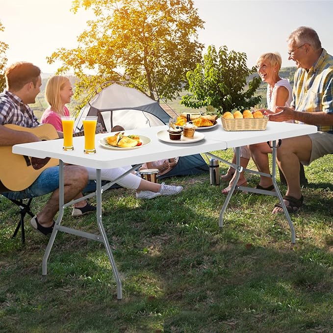 Goplus 6ft Folding Table, Indoor Outdoor Foldable Plastic Folding Tables, Heavy-Duty Rectangular Fold Up Table w/Handle, Portable Utility Card Table for Picnic, Party, Dining, Camping, Beach, White