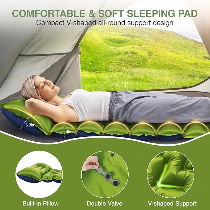 Camping Sleeping Pad, Ultralight Camping Mat with Pillow Built-in Foot Pump, 4" Thick Inflatable Sleeping Mat Compact for Backpacking, Hiking, Car Traveling, Camp Tent