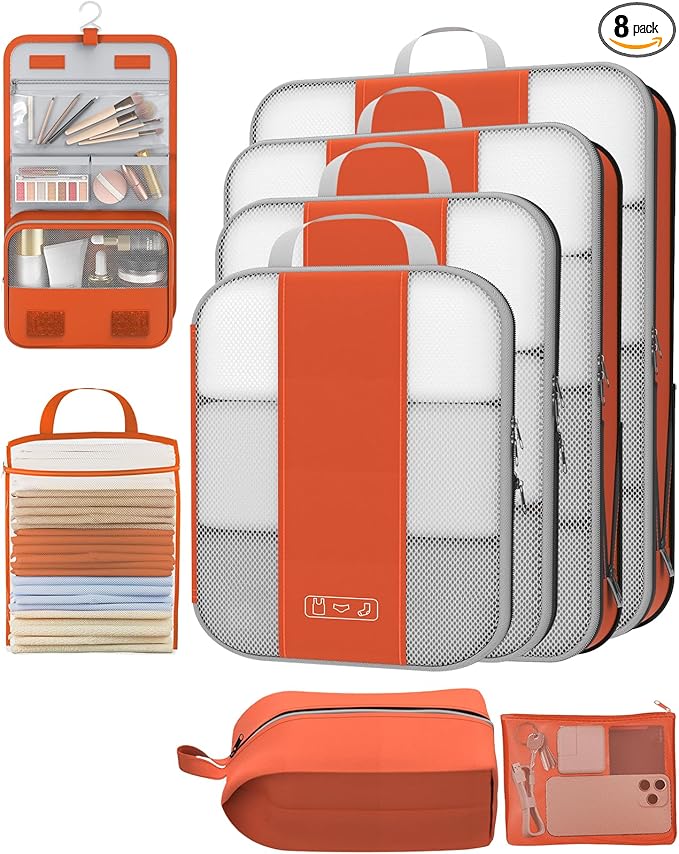 8 Set Compression Packing Cubes for Travel Essentials,Compressible Expandable Packing Cubes for Suitcase,OlarHike Luggage Organizer Bags for Travel,Handy Helper for Organizing Clothes(Orange)