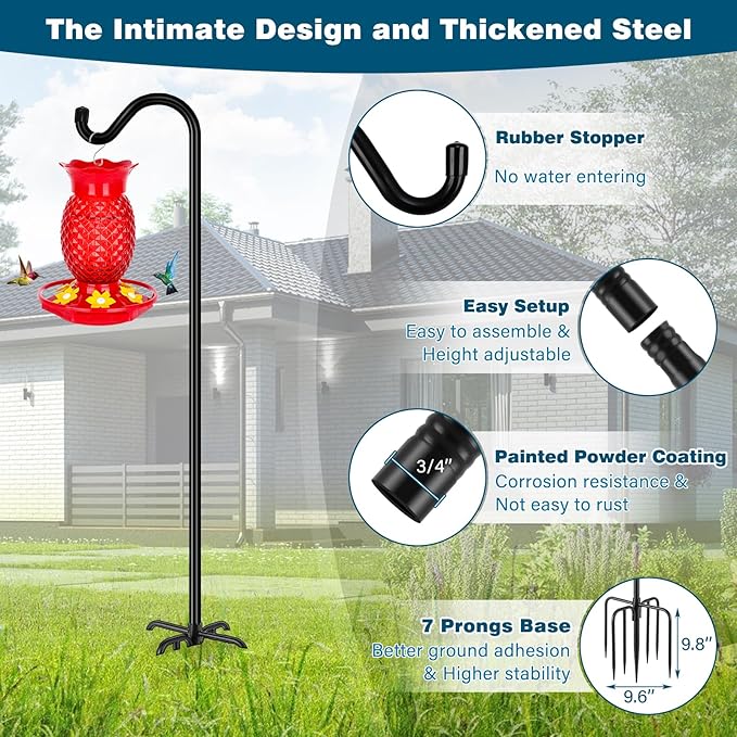 Gtongoko Adjustable Shepherds Hooks for Outdoor 76 Inch Bird Feeder Pole with 7 Prongs Base, 3/4 Inch Thick Heavy Duty for Hanging Bird Feeder, Plant Baskets,1 Pack