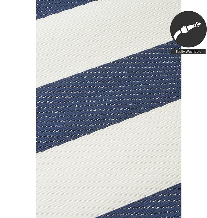 FH Home Outdoor Rug - Waterproof, Fade Resistant, Reversible - Premium Recycled Plastic - Striped - Patio, Deck, Porch, Balcony, Laundry Room - Brittany Stripe - Blue & White Crease Free - 4 x 6 ft