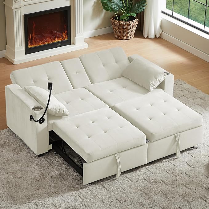 70" Queen Size Sofa Bed for Living Room – Pull-Out Sleeper Sofa Couch with Cup Holder, Phone Holder, USB Charging Port, Solid Wood Frame, Easy Assembly, Space-Saving Design for Small Apartments