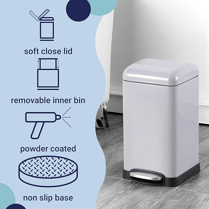 happimess HPM1012E Betty Retro Mini 3.2-Gallon Step-Open Trash Can, Fingerprint Resistant, Modern, Minimalistic for Home, Kitchen, Laundry Room, Office, Bedroom, Bathroom, Fog Gray