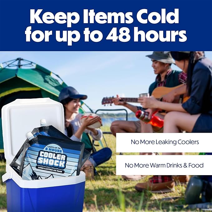 Cooler Shock Reusable Ice Packs for Cooler - Long Lasting Cold Freezer Packs for Coolers and Lunch Boxes - Cooler Ice Packs for Camping Gear, Fishing, Road Trips, Beach Must Haves