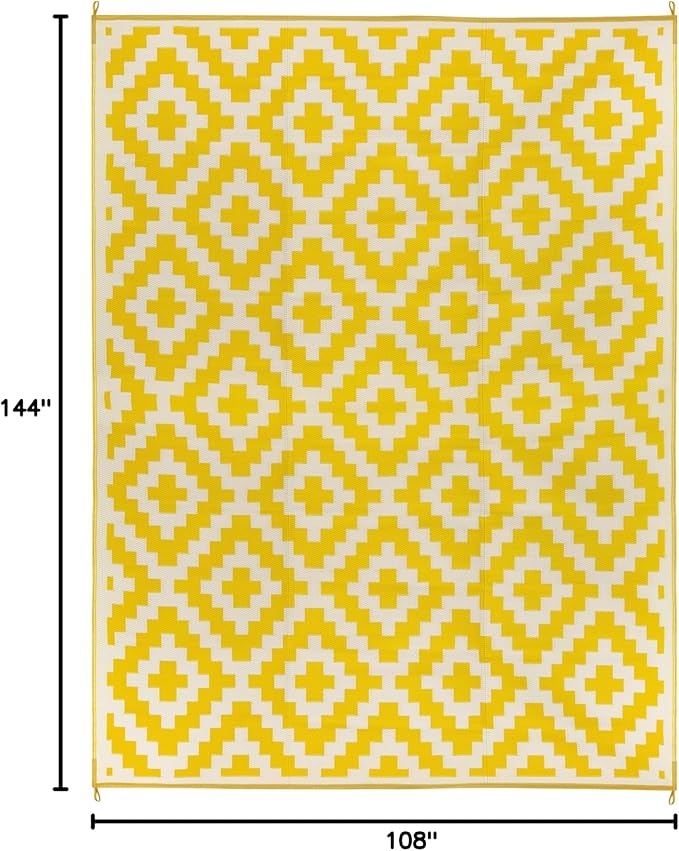 FH Home Outdoor Camping Rug - Waterproof, Fade Resistant, Reversible - Premium Recycled Plastic - Geometric - Large Patio, Deck, Sunroom, RV - Aztec - Yellow & White - 9 x 12 ft Foldable