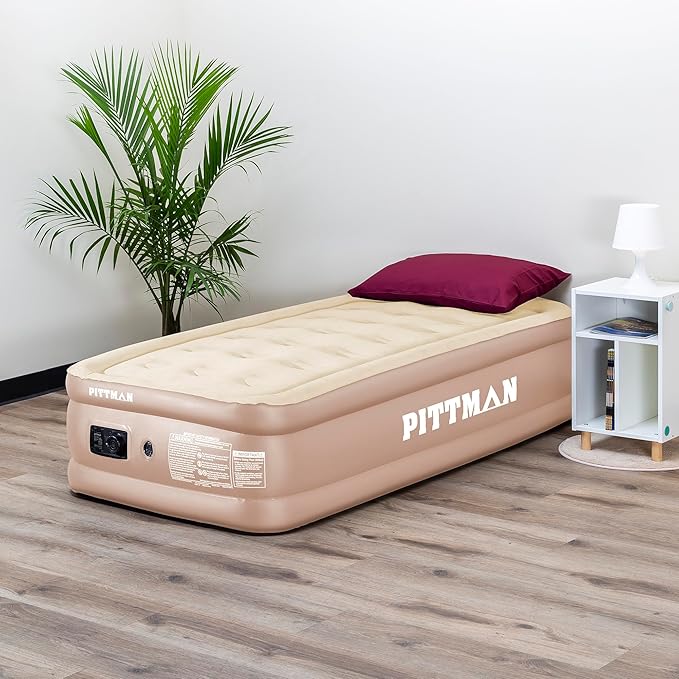 Pittman Outdoors Comfort Series Indoor Air Mattress with Built-in Electrical Air Pump, Twin 18-Inches Tall, Tan