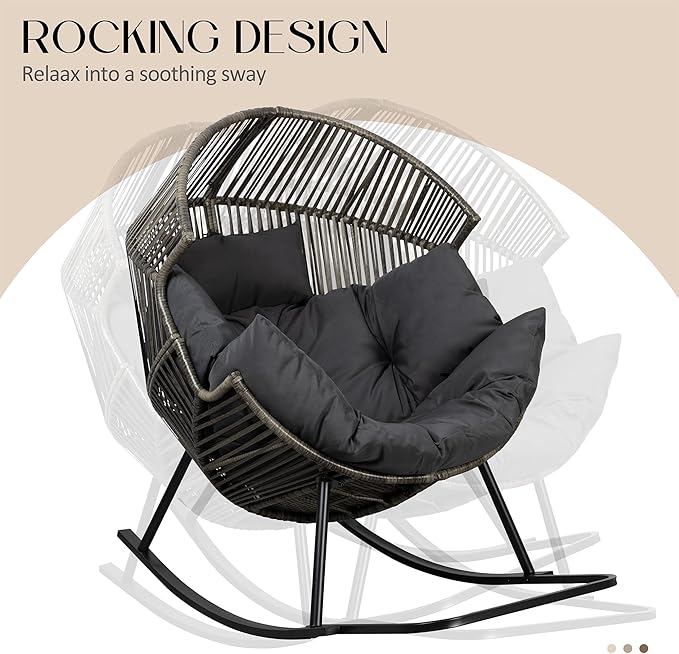 JAMFLY Egg Chair Outdoor Rocking Chairs, Wicker Patio Chair Oversized Lounger Chair with Cushion for Indoor Living Room Bedroom Outside Patio Backyard Balcony, Dark Gray