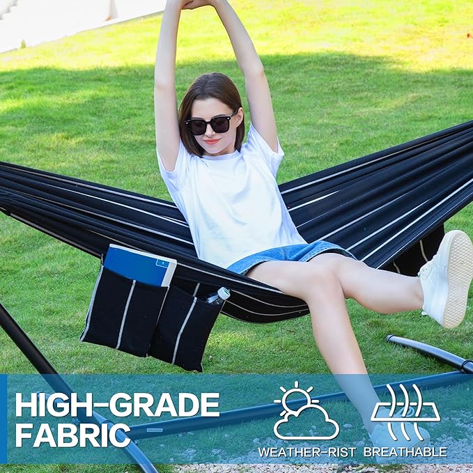 PNAEUT Double Hammocks with Stand for Outside, Portable Space Saving Heavy-Duty Steel Stand for Indoor Outdoor Patio with Carrying Bag, 450 lbs Capacity (Chasm)