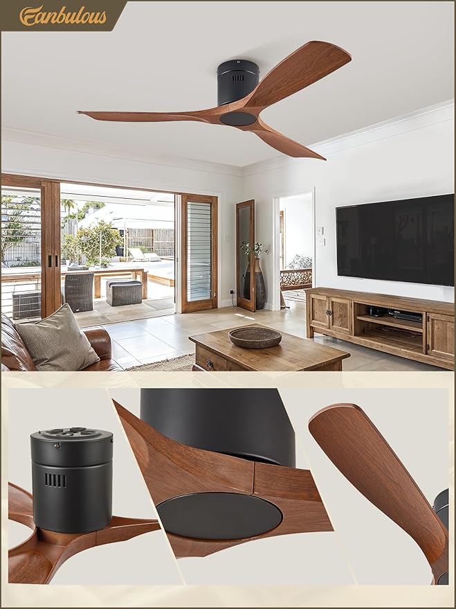 52" Ceiling Fans without Lights, Flush Mount Ceiling Fan with Remote Control Modern,Low Profile Ceiling Fans with 6-Speeds Reversible DC Motor for Patio Living Room Bedroom(Walnut)