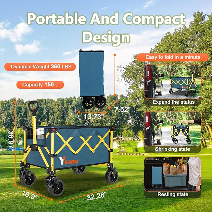 Collapsible Wagon Cart with Brake, Foldable Wagon Cart with All Terrain Wheels, Large Grocery Carts On Wheels, Heavy Duty Utility Wagons for Shopping Beach Sports Fishing Camping, 110L, Green