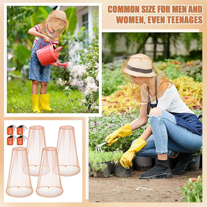 HESTYA 4 Pack Mosquito Head Net Face Mesh Protecting Net for Outdoor Hiking Camping Climbing Mosquito Fly Insects Preventing(Khaki)