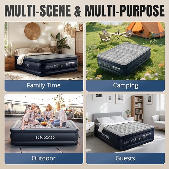 Queen Air Mattress with Built-in Pump, 18" Top Inflatable Mattress with Waterproof Flocking Fabric, Three-Minute Quick-Inflatable Bed. Portable Blow Up Mattress for Home, Outdoor and Guests