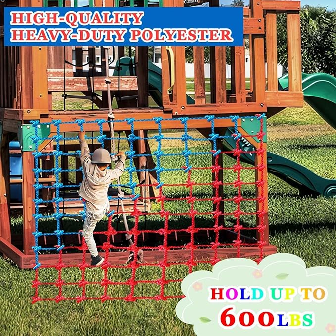 Climbing Cargo Net - Heavy Duty Large Military Net for Kids Outdoor, Safety Protection, Rope Ladder, Jungle Gyms, Swingset, Treehouse - Polyester Playground