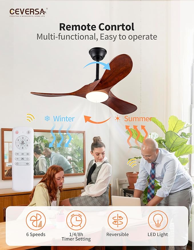 42 Inch Ceiling Fans with Lights and Remote, 3 Blades Outdoor Wood Propeller Ceiling Fans, Quiet Noiseless DC Motor for Farmhouse, Living Room, Bedroom, Indoor, Walnut