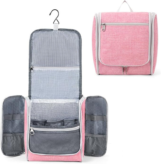 Della Gao Big Capacity Portable Travel Hanging Toiletry Bag Men and Women, Cosmetics Makeup Bag Toiletries Organizer, Water-Resistant Nylon Bathroom Bag, Pink