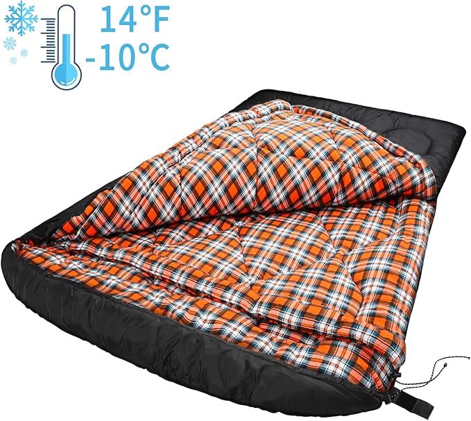 AGEMORE 0 Degree Double Sleeping Bag for Adults, Cotton Flannel Lined 2 Person Queen Size Warm Sleeping Bag for Family Winter Camping or RV Traveling