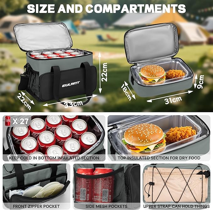 EULANT Large Waterproof Cooler Bag with Removable Lunch Bag,27 Can Collapsible Insulated Ice Chest Leak-Proof Cooler Bag for Men & Women Work Outdoor Beach Trips