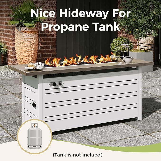 56 Inch Gas Fire Pit Table, 50,000 BTU Propane Pits for Outside with Removable Lid and Glass Fire Rocks, 2 in 1 Firepit Table Gatherings Parties on Patio Deck Garden Backyard, White