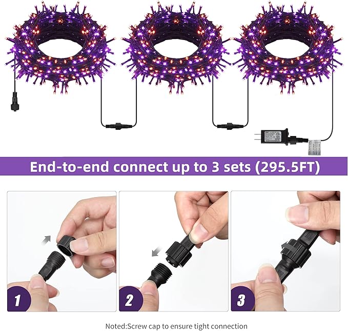 300 LED Halloween String Lights, 98.5FT with 8 Modes, Waterproof, Plug in for Indoor/Outdoor Party Decorations (Purple & Orange)