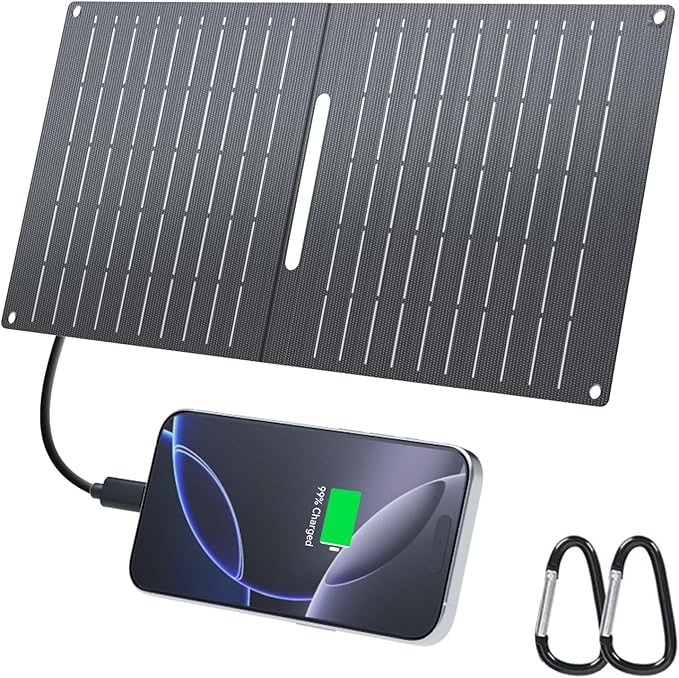 Ecosonique 15W Small Solar Charger Panels with USB C USB A Fast Charging Foldable Emergency Power Panels for Camping Backpacking Compatible with Cell Phone, iPhone, Samsung Galaxy, Google Pixel, LG