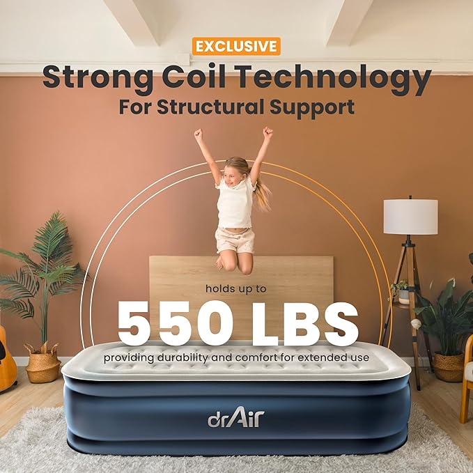 Twin Air Mattress, 18” Raised Inflatable Bed with Built-in Pump, Waterproof Velvety Top, Ergonomic Design, Reinforced Support, and Carry Bag for Home, Camping, and Guests