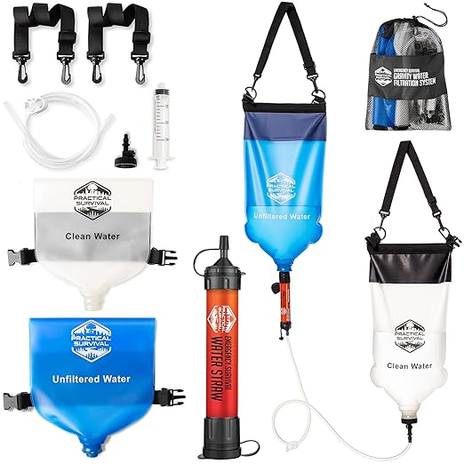 Gravity Water Filtration System – 2 High Capacity Lightweight Hanging Bags for Backpacking, Camping, Survival, Hiking, Hunting - Dirty, Clean Water Bags, Water Filter and Cleaning Plunger Included