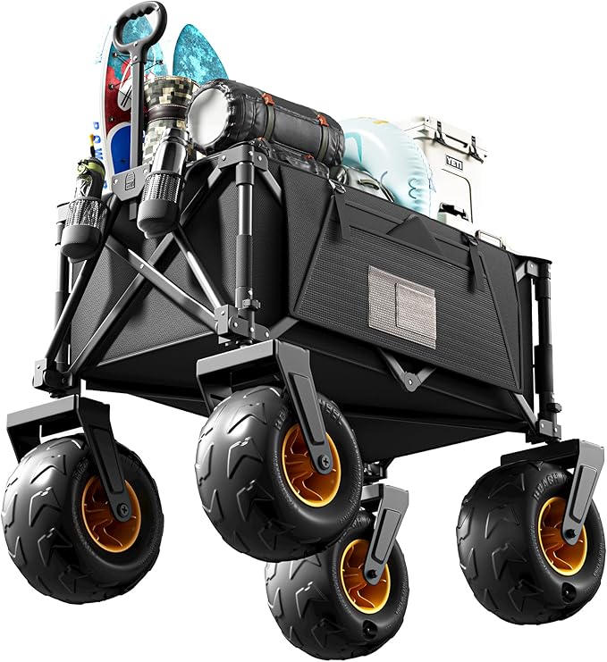 DXZ Beach Wagon Cart with Big Wheels for Sand – Folding Collapsible Wagon, Heavy Duty Wagons Carts Foldable for Beach, Camping, Outdoor Gear, Easy Setup Black Yellow