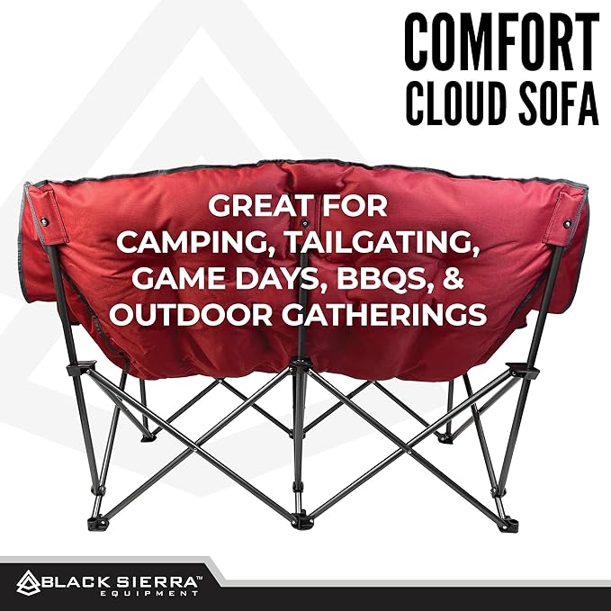 Black Sierra Double Camping Chair for Adults, Oversized Folding Loveseat Supports 600 lbs, Plush Padded Outdoor Couch with Cup Holders and Carry Bag for Beach, Patio, RV, or Tailgating Events
