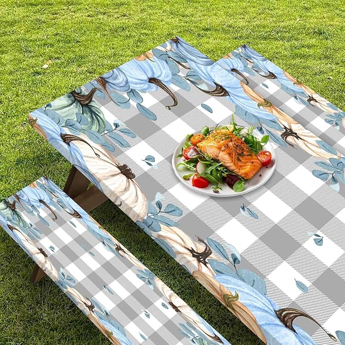 CAPSCEOLL Fitted Picnic Table Cover with Bench Covers with Elastic 8Ft Waterproof Picnic Table Cloths Windproof Outdoor Camping Tablecloth with Drawstring Bag, 96X30in, Blue Pumpkins