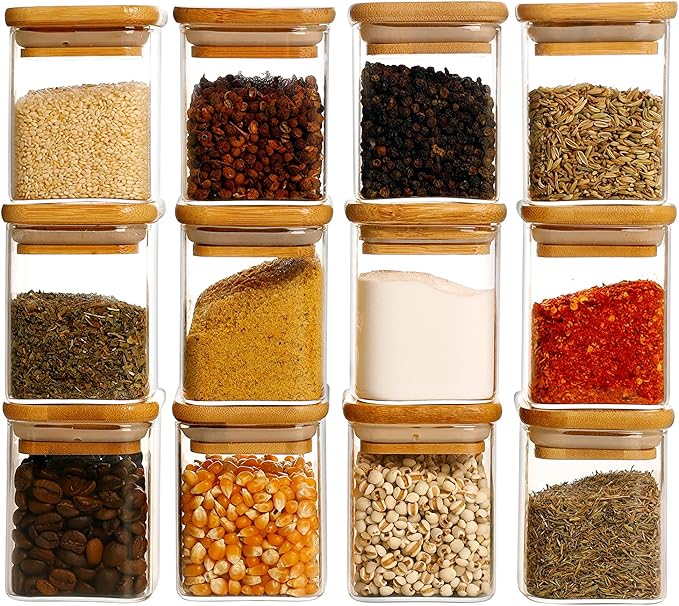12 Pcs Square Glass Spice Jars with Natural Bamboo Lids - 5oz Airtight Herb Containers with 148 Waterproof Minimalist Spice Labels Preprinted - Empty Small Seasoning Jars for Kitchen Pantry