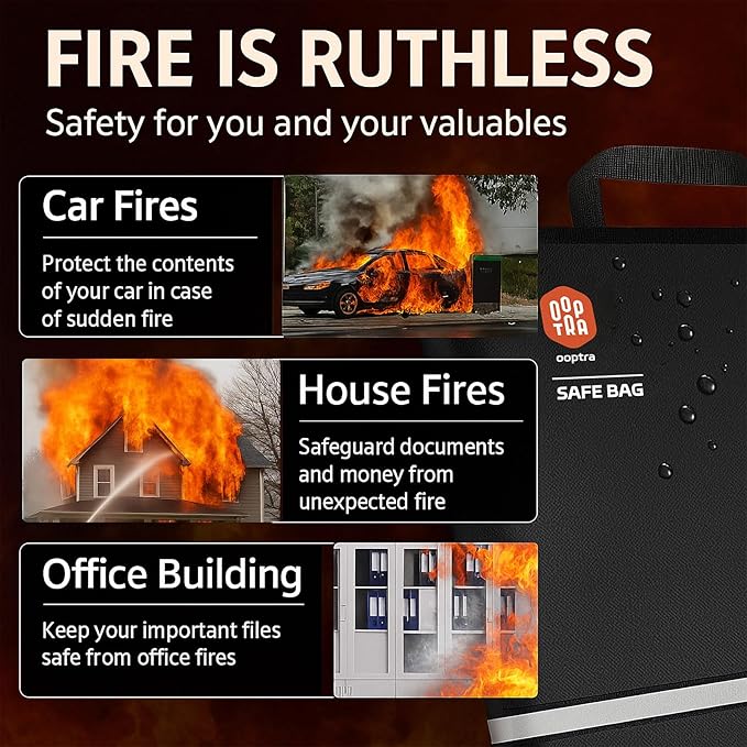 Fireproof Document Bag (Black) – Waterproof Zipper & Lock – for Home, Office & Travel – Holds Files, Cash, Passport, Valuables – Fire & Water Resistant