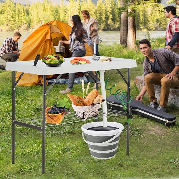 Folding Fish Cleaning Table with Collapsible Bucket, Portable Outdoor Fillet Station Camping Sink Table with Faucet, Drainage Hose & Sprayer, Grid Rack, Knife Groove for Picnic Fishing