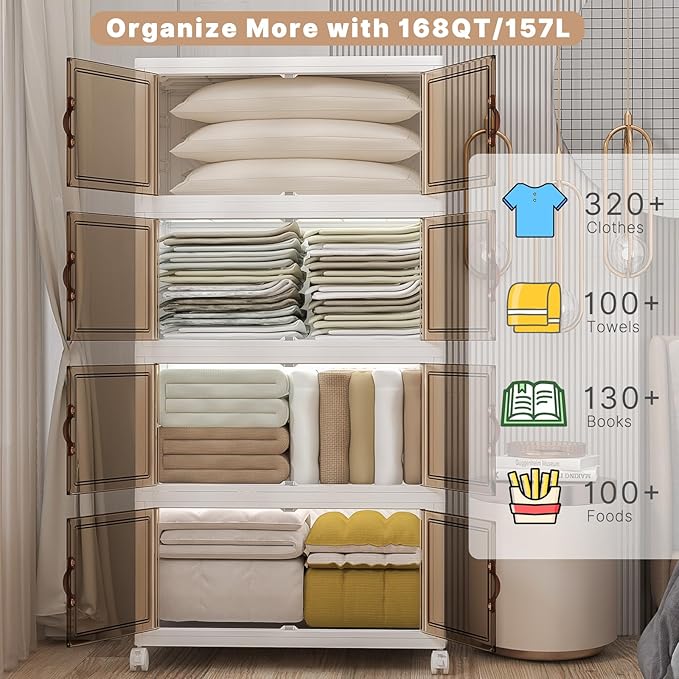 Extra Large Stackable Storage Binswith lids & Wheels, Foldable Collapsible Closet Organizers,672QT-168QT/42GAL*4Pack Plastic Containers with door & drawers for bedroom Dorm