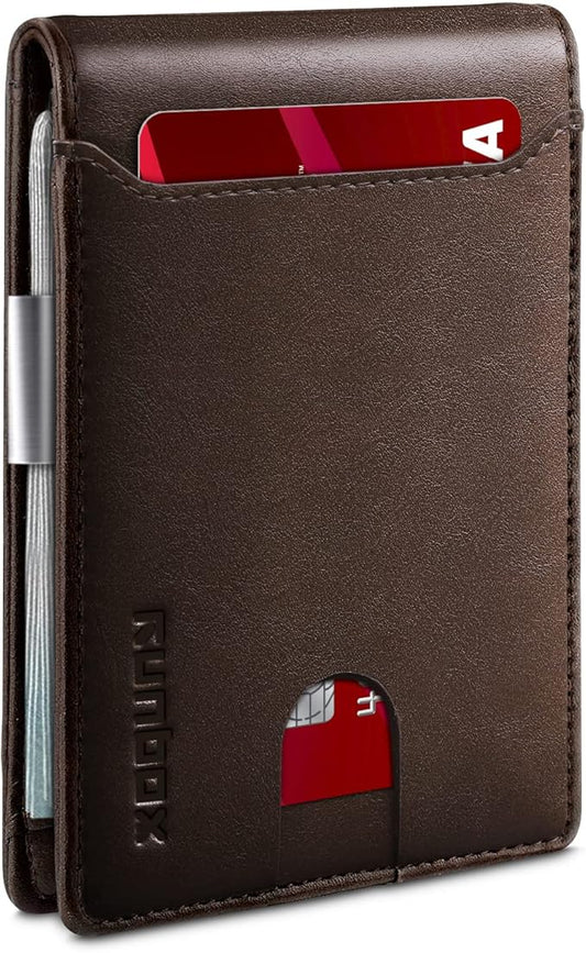 RUNBOX Slim Wallets for Men - Leather Money Clip Mens Wallet - RFID Blocking Front Pocket Bifold Wallet - Thin Credit Card Holder with Gift Box