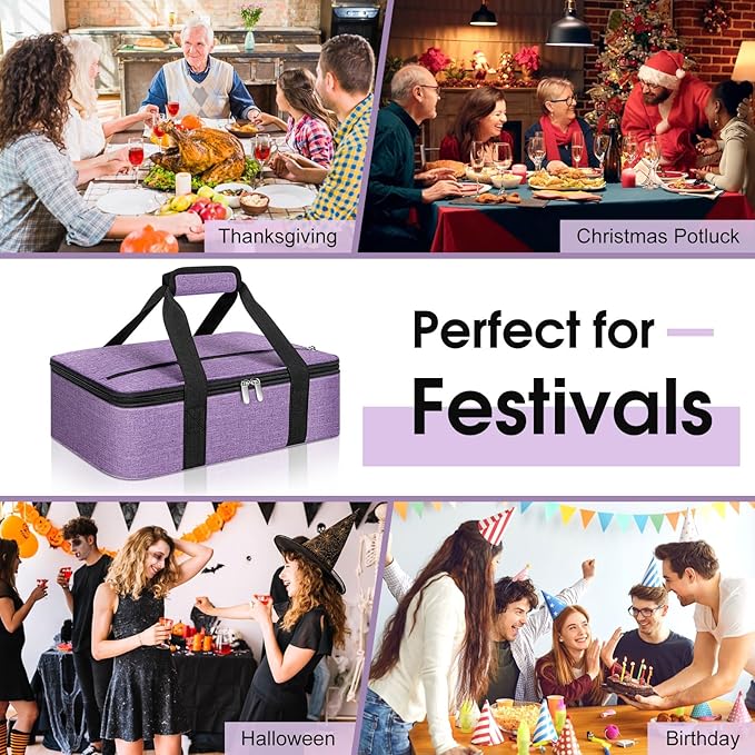 Insulated Casserole Carrier, Portable Casserole Carrier for Hot or Cold Food Lunch Tote Warmer or Cooler Bag, Lasagna Lunch Bag for Potluck Parties- Fits 9" x 13" Baking Dish-Purple