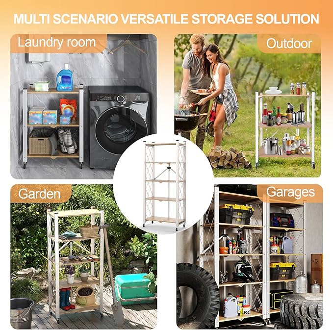 5-Tier Foldable Storage Shelves with Wheels, Folding Metal Shelf Unit, Folding Bookshelf no Assembly, Collapsible Shelves for Craft Shows for Kitchen, Bedroom, Living Room, Natural