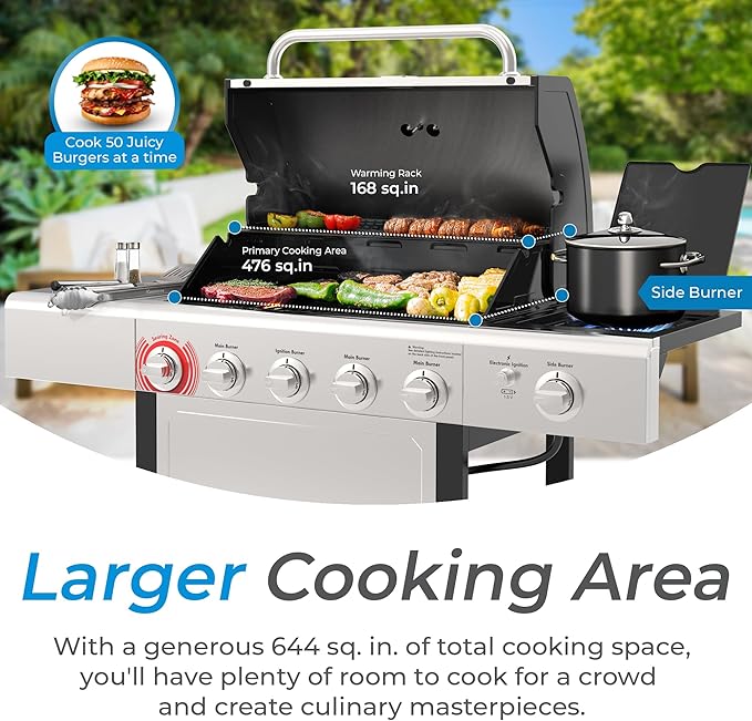 Kenmore BBQ Propane Gas Grill - 5 Burners with Side Burner & Searing Zone, 644 Sq. In. Stainless Steel Grill, 66,000 BTU, Ideal for Outdoor Cooking, Patio & Backyard, Silver