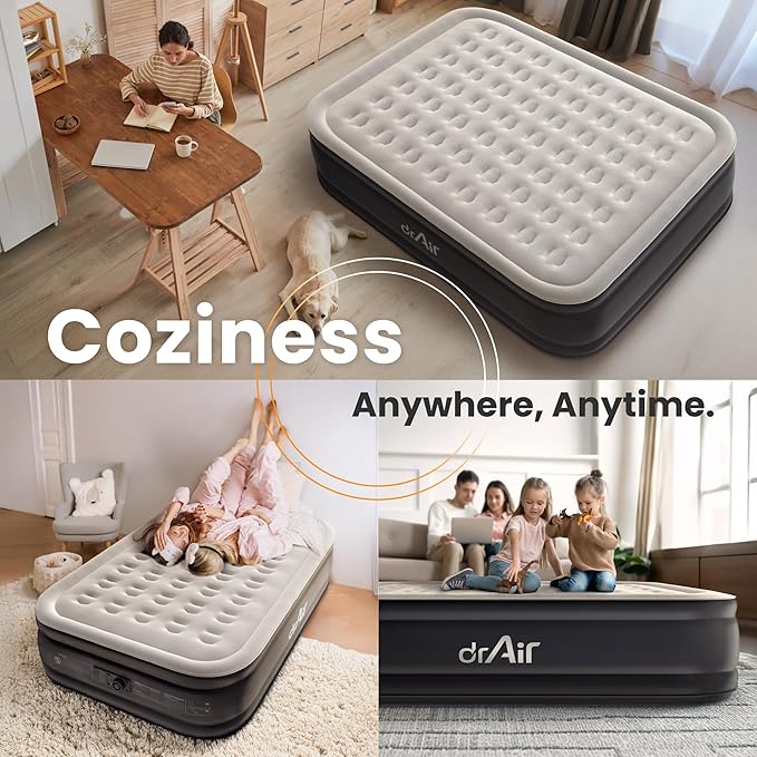 King Air Mattress, 18” Raised Inflatable Bed with Built-in Pump, Waterproof Velvety Top, Ergonomic Design, Reinforced Support, and Carry Bag for Home, Camping, and Guests