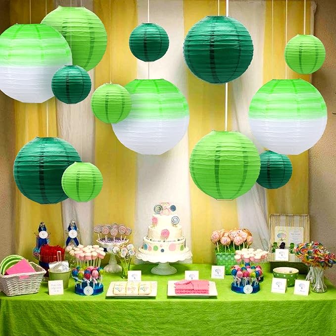 14 PCS Paper Lanterns, Gradient Colorful Green Round Paper Lanterns Decorative Lantern Lamps, Hanging Chinese Lanterns Indoor Room & Outdoor Party Supplies Decoration