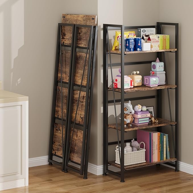 BHG Vintage Multifunctional Bookcase Folding Bookshelf, No-Assembly Plant Stand Storage Rack Shelves for Home Office (Fire, 4-Tier)