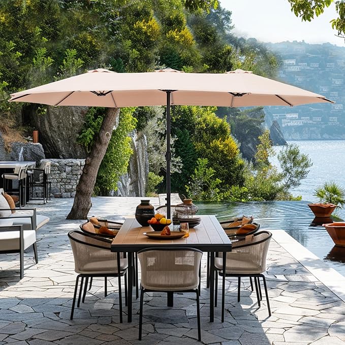 GREEN PARTY 15 ft Rectangle Patio Umbrella with Base Included, Double-Sided Table Umbrella with Crank, Large Outdoor Umbrellas for Patio Poolside Garden Backyard, Beige