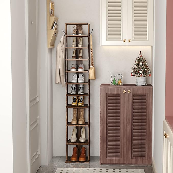 HOMEFORT 10-Tier Vertical Shoe Rack, Corner Shoe Tower, Slim Shoe Organizer with Two Hanging Hooks, Wooden Shoe Storage Stand for Entryway, Hallway, Closet, Rustic Brown