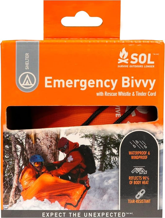 Survive Outdoors Longer 90% Emergency Bivvy - Comes with Survival Whistle & Tinder Paracord Drawstring - Add to Emergency Kit & Hiking Gear - Waterproof, Windproof & Tear-Resistant