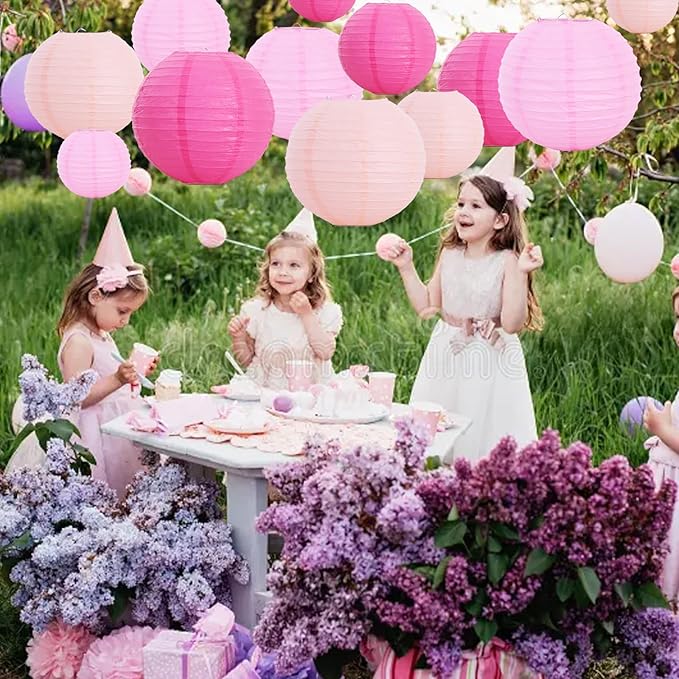 BEISHIDA 12 Pcs Pink Mix Paper Lanterns,Hanging Decorative Chinese Japanese Round Paper Lantern Lamp for Valentine's Day Girls' Party Wedding Children Home Party Decoration