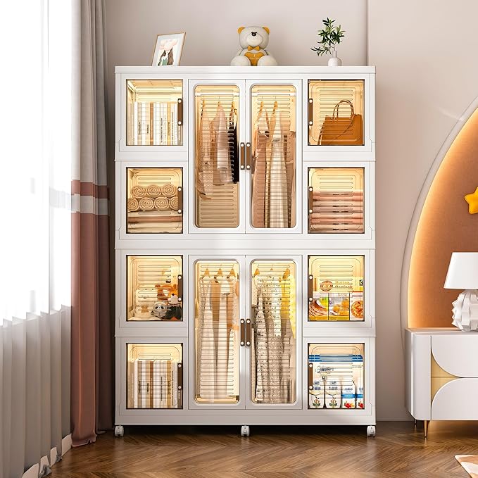 Collapsible Expandable Wardrobe Closet, Multi-Function Plastic Wardrobe,Wardrobes Storage Cabinet (12 Cubes+2 Hanging Rod)