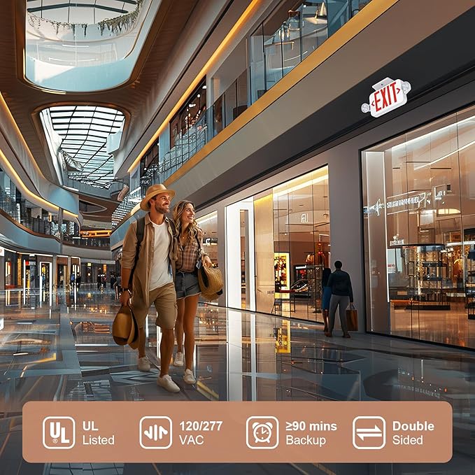 Emergency Exit Sign Lights Combo With Battery Backup, Double Sided Hardwired 6 LEDs, Adjustable Heads Red Lighting Ceiling/Wall Mount, UL Listed, AC 120/277V (4 Pack)