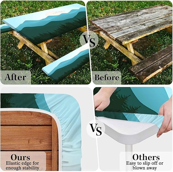 CAPSCEOLL Elastic Picnic Table Cover with Bench Covers 5Ft Waterproof Fitted Picnic Table Cover Cloths for Outdoors Camping Tablecloth with Drawstring Bag, 60X30in, Green Mountain